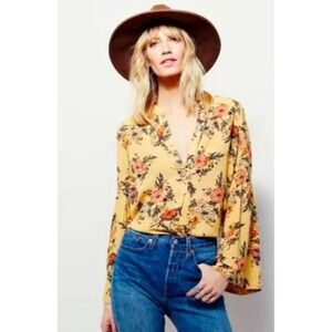 Free People Marigold Floral Bell Sleeve Blouse Top Button Down Yellow Bohemian
